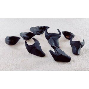 Water Buffalo Napkin Rings Hand Carved Hard Wood Black Set of 8 Vtg MCM Bull Hds